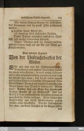 Das zweyte Capitel. Von der Unfruchtbarkeit der Weiber.