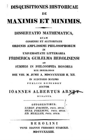 Disquisitiones historicae de Maximis et Minimis