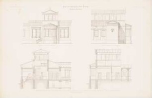 Solbadehaus I, Bad Oeynhausen: Vorderansicht, Seitenansicht, Schnitt EF, GH, Schnitt AB, CD (aus: Atlas zur Zeitschrift für Bauwesen, hrsg. v. G. Erbkam, Jg. 8, 1858)
