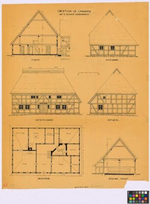 Gristow (Kreis Cammin): Hof E[mil] Schmidt. - Wohnhaus (Querschnitt, West-Giebel-Ansicht, Nord-Hof-Seiten-Ansicht, Ost-Giebel-Ansicht, Grundriss). - Scheune (Querschnitt)