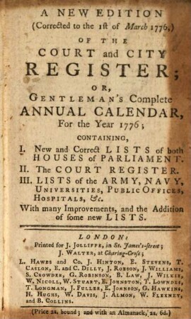 The court and city register or gentleman's complete annual kalendar : for the year ... 1776
