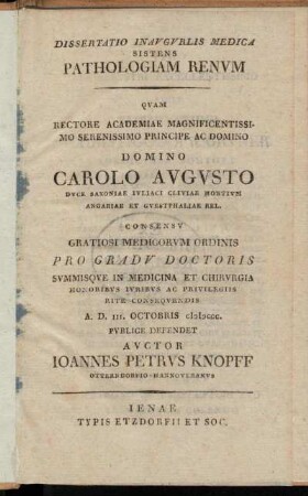 Dissertatio Inavgvralis Medica Sistens Pathologiam Renvm