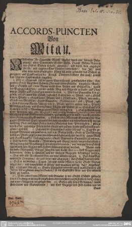 Accords-Puncten Von Mitau : [Im Lager bey Mietau, den 3. September 1705]