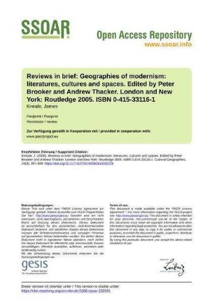Reviews in brief: Geographies of modernism: literatures, cultures and spaces. Edited by Peter Brooker and Andrew Thacker. London and New York: Routledge 2005. ISBN 0-415-33116-1