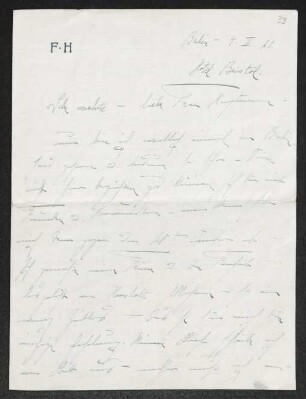 Brief von Fanny Hirsch-Faber an Margarete Hauptmann
