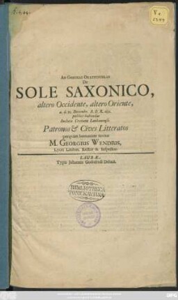 Ad Geminas Oratiunculas De Sole Saxonico, altero Occidente, altero Oriente