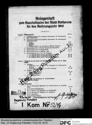 Anlagenheft zum Haushaltsplan der Stadt Rathenow für das Rechnungsjahr 1940