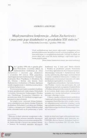 Międzynarodowa konferencja "Julian Zachariewicz i znaczenie jego działalności w przededniu XXI stulecia" : Lwów, Politechnika Lwowska, 1 grudnia 1998 roku