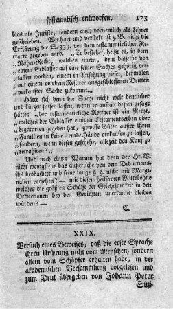 Versuch eines Beweises, daß die erste Sprache ihren Ursprung nicht vom Menschen, sondern allein vom Schöpfer erhalten habe.