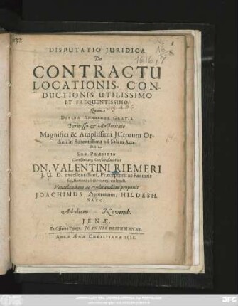 Disputatio Iuridica De Contractu Locationis- Conductionis Utilissimo Et Frequentissimo