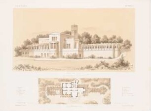 Villa, Trier: Lageplan, Perspektivische Ansicht (aus: Architektonisches Skizzenbuch, H. 36, 1858)