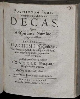 Positionum Iuris controversi praelustrium Decas