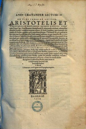 And. Cratander Lectoris En Tibi Candide Lector, Aristotelis Et Theophrasti Historias ...