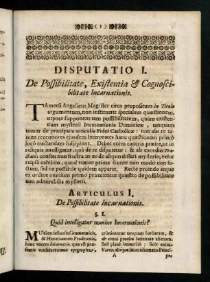 1-23, Disputatio I. De Possibilitate, Existentia & Cognoscibilitate Incarnationis.