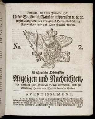 No. 2. Montags, den 11ten Januarii 1762.