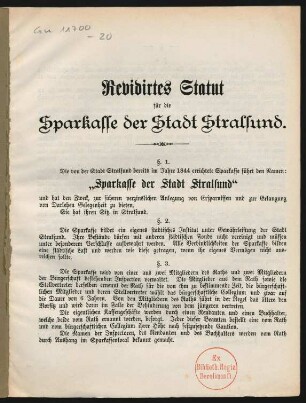 Revidirtes Statut für die Sparkasse der Stadt Stralsund