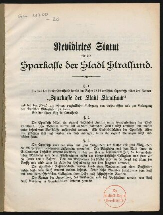 Revidirtes Statut für die Sparkasse der Stadt Stralsund