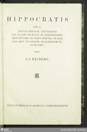 1,1: Indices librorum. Iusiurandum lex. De arte. De medico. De decente habitu praeceptiones. De prisca medicina. De aere loci aquis. De alimento. De liquidorum usu. De flatibus
