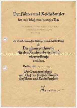 Verleihungsurkunde zur Dienstauszeichnung für den Reichsarbeitsdienst vierter Stufe