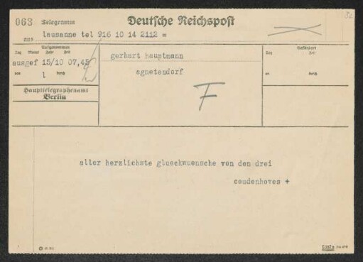 Brief von Richard Nicolaus von Coudenhove-Kalergi, Ida von Coudenhove-Kalergi und Erika Coudenhove-Kalergi an Gerhart Hauptmann
