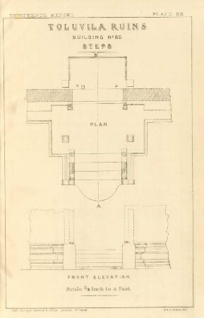 Plate HH. Toluvila ruins. Building No. 60. Steps. Plan. Front elevation.
