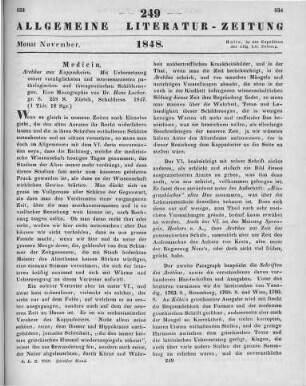 Locher, H.: Aretäus aus Kappodocien. Mit Übersetzung seiner vorzüglichsten und interessantesten pathologischen und therapeutischen Schilderungen. Eine Monographie. Zürich: Schulthes 1847