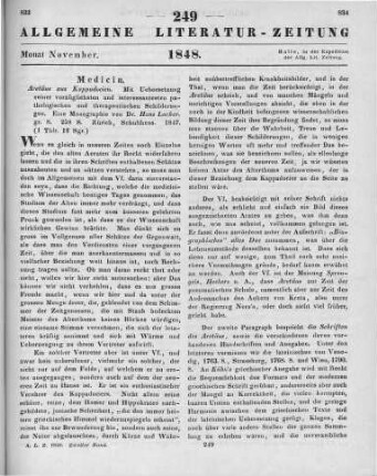 Locher, H.: Aretäus aus Kappodocien. Mit Übersetzung seiner vorzüglichsten und interessantesten pathologischen und therapeutischen Schilderungen. Eine Monographie. Zürich: Schulthes 1847