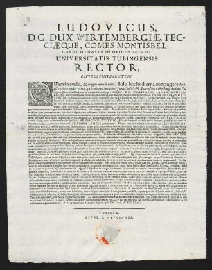 Ludovicus, D. G. Dux Wirtembergiae, Tecciaeque, Comes Montisbelgardi...