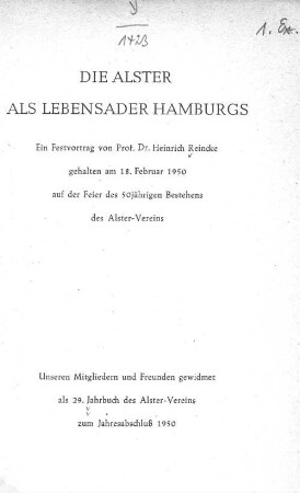29.1950. Die Alster als Lebensader Hamburgs : ein Festvortrag: Jahrbuch des Alstervereins e. V