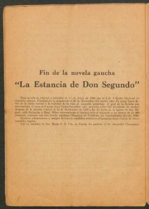 Fin de la novela gaucha "La estancia de Don Segundo"