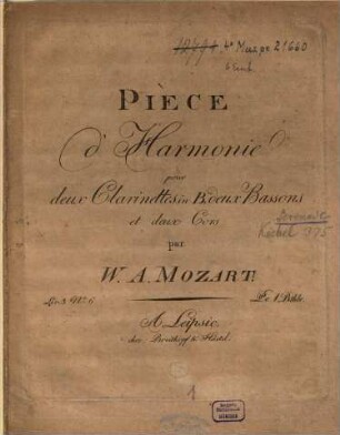 PIÈCE d'Harmonie pour deux Clarinettes in B, deux Bassons et deux Cors par W. A. MOZART. Liv. 3. N.o 6
