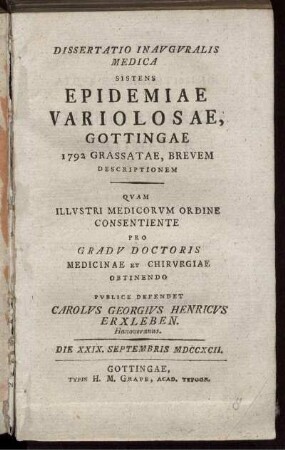 Dissertatio Inauguralis Medica Sistens Epidemiae Variolosae, Gottingae 1792 Grassatae : Brevem Descriptionem