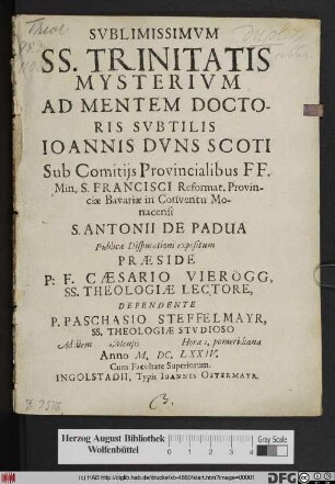 Sublimissimum SS. Trinitatis Mysterium Ad Mentem Doctoris Subtilis Joannis Duns Scoti