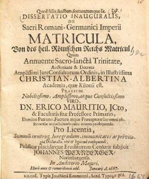 Dissertatio inauguralis, de sacri Romani-Germanici imperii matricula : = Von des heil. Römischen Reichs Matricul