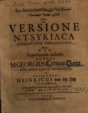 ... Sive De Versione N. T. Syriaca Dissertatio Philologica