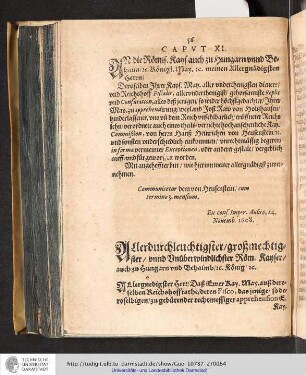 Caput XI. An die Römisch. Kays. auch zu Hungarn unnd Behaim königl. May. meinen Allergnädigsten Herrn