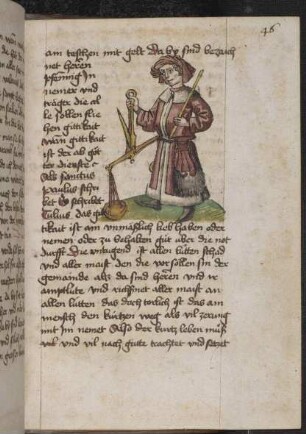 Figur (Der vierte Vend): Leihgeber, Tuchhändler, Einnehmer, mit Waage, Elle und Geldbeutel als Attribute.
