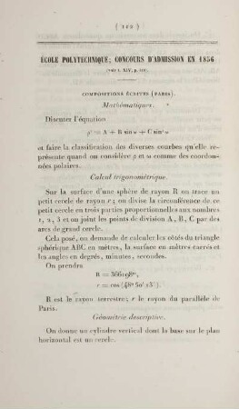 Ecole Polytechnique; Concours d'admission en 1856.