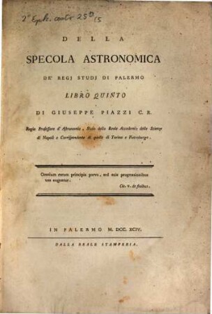 Della Specola Astronomica De' Regj Studj Di Palermo Libri Quattro. 5