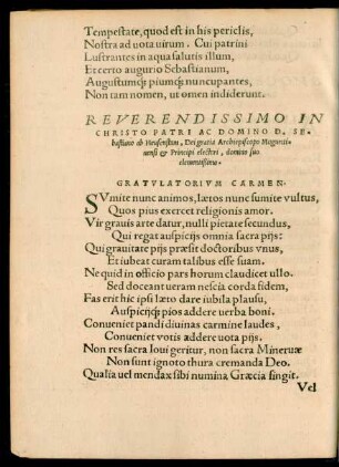 Reverendissimo In Christo Patri Ac Domino D. Sebastiano ab Heusenstam ... Gratulatorium Carmen.