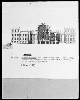 Entwürfe für Schloß Wilhelmshöhe bei Kassel, zweiter Vorschlag — Längsschnitt
