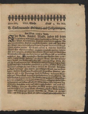 Anno 1665. XXIII. Woche. Stück 3. No. XCI.