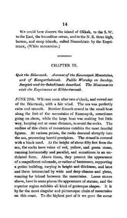 CHAPTER III. - Quit the Ikkerasak. Account of the Kaumayok Mountains and of Kangertluksoak. Public Worship on Sunday.