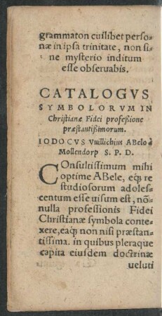 Catalogus Symbolorum In Christianae Fidei profeßione praestantißimorum.