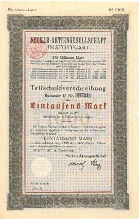 Teilschuldverschreibung über 1000 Mark der Neckar-AG in Stuttgart Nr. 57728 mit Zinsscheinbogen