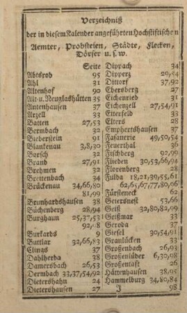 Verzeichnis der in diesem Kalender angeführten hochstiftischen Aemter, Probsteien, Städte, Flecken, Dörfer u.s.w.