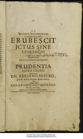 Specimen hermeneuticum occasione brocardici Erubescit ICtus Sine Lege Loqui : ex N. 118. cap. 5. desumpti