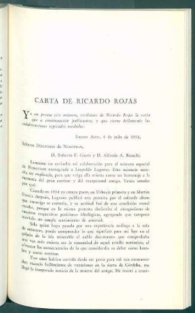 Carta de Ricardo Rojas