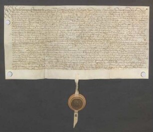 Wolf Geier, Schultheiß, und genannte Mitglieder des Gerichts zu Ubstadt beurkunden eine Gültverschreibung des Kaspar Weiler und seiner Ehefrau Anna über 50 Gulden gegenüber Johann Rehm, Kirchenkollektor des Hochstifts Speyer.