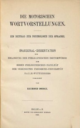 Die motorischen Wortvorstellungen : ein Beitrag zur Psychologie der Sprache